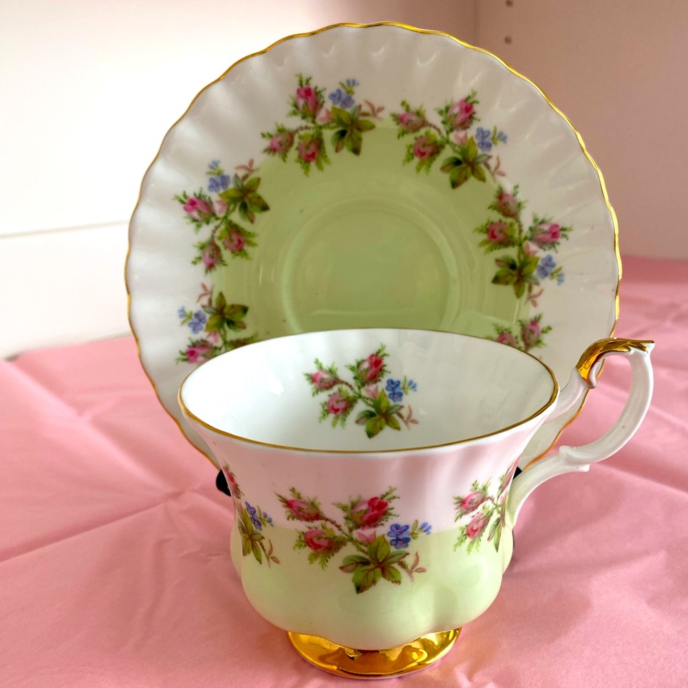 Royal Albert Teacup and Saucer with Mint Green and Pink Rosebud Sprays 4364